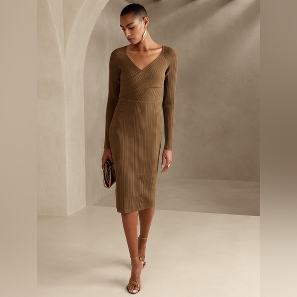 Banana Republic Gira Cross Front Long Sleeve Sweater Midi Dress Tan Size XL - Picture 1 of 7